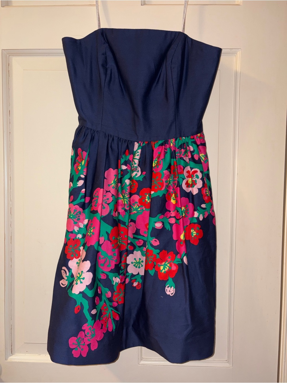 Lilly Pulitzer Navy Strapless Dress with Pink, Red & Green Floral Skirt
